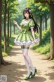 A girl in a green dress is walking down a path in the woods.