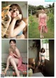 A collage of photos of a woman in a pink dress.