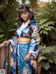 A woman in a blue and gold kimono posing for a picture.